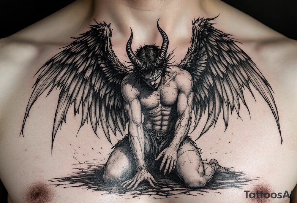 Lucifer Morningstar fallen angels on knees down head looking nonsense dropped hands on ground, 
Blindfold,
While his gratful wings started in the sky tattoo idea