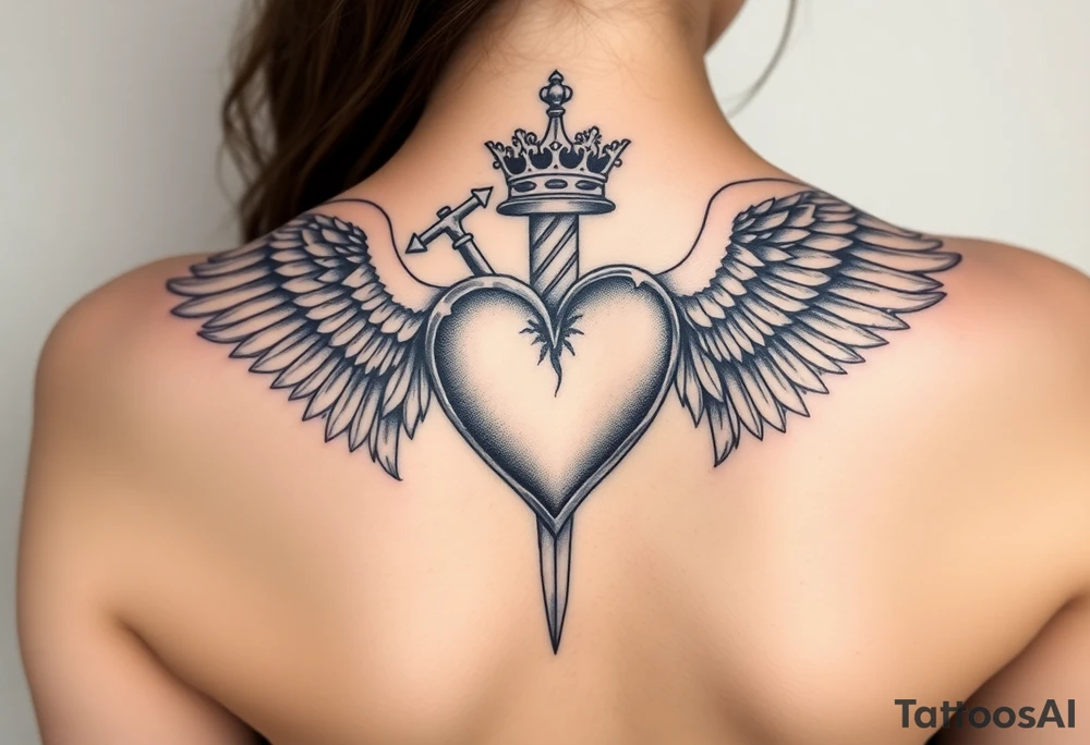 Sensual femeninepowerful 3d heart with the sword hilt on top an a crown on a top side, sith two angel gothic wings spread, but a but apart from the heart. It will be located on the coxis tattoo idea