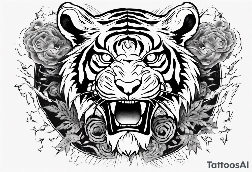 Ancient tiger with lightning and a sun for a forearm sleeve. With patterns surrounding it tattoo idea