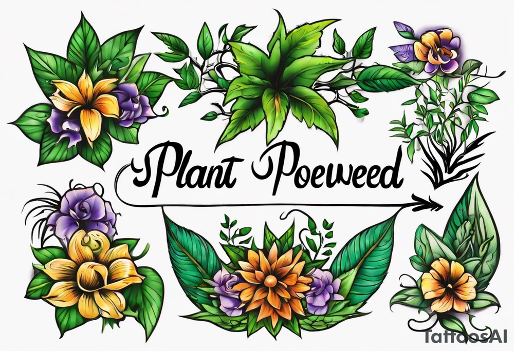 Words “Plant Powered” spelled out with plants and vines through out the words tattoo idea