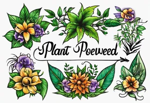 Words “Plant Powered” spelled out with plants and vines through out the words tattoo idea