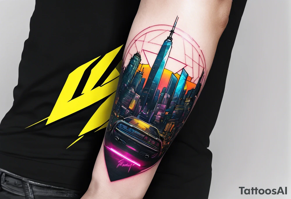 cyberpunk 2077, forearm tattoo, geometric, subtle, men, city skyline, 4k tattoo idea