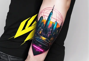 cyberpunk 2077, forearm tattoo, geometric, subtle, men, city skyline, 4k tattoo idea