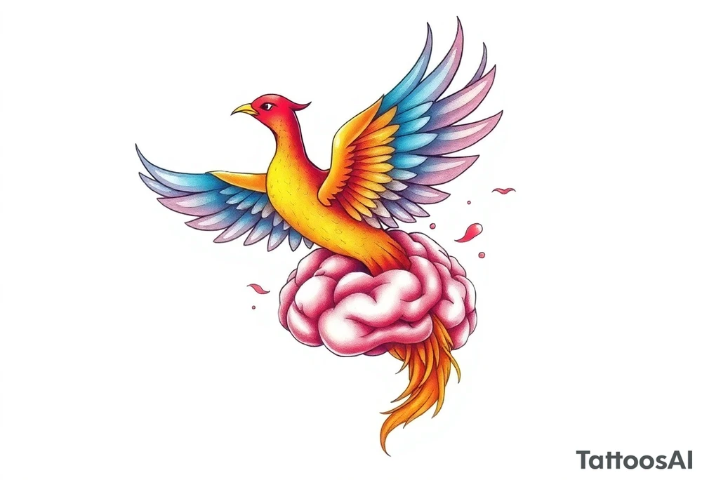Colorful phoenix flying out of a brain with 3-16-24 tattoo idea