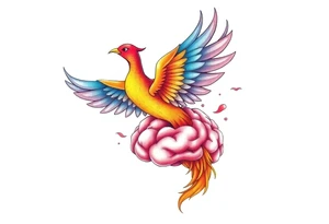 Colorful phoenix flying out of a brain with 3-16-24 tattoo idea