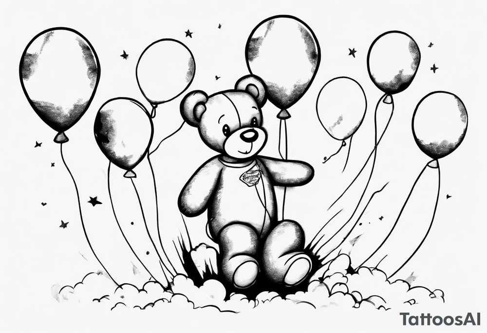 Scruffy teddy bear holding on to balloons and wearing a T-shirt going up to the sky tattoo idea