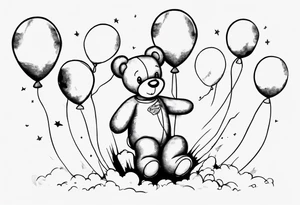 Scruffy teddy bear holding on to balloons and wearing a T-shirt going up to the sky tattoo idea