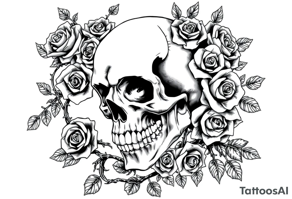 gothic skull intertwined with climbing roses and thorny vines tattoo idea