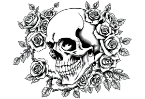 gothic skull intertwined with climbing roses and thorny vines tattoo idea