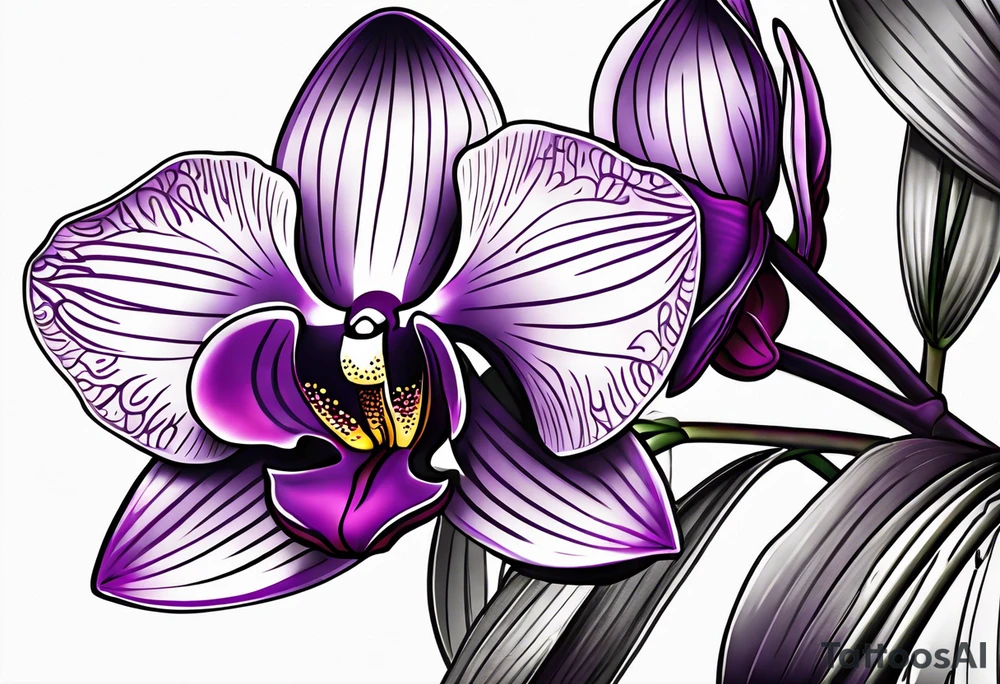 Dark purple orchid with the name Ryan in the stem tattoo idea