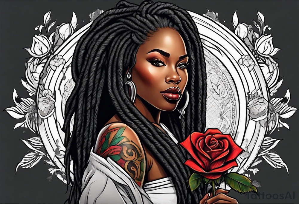 beautiful thick black women with long straight dreadlocks, holding a beautiful single rose,, pastel, old school traditional, tattoo idea