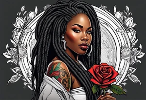 beautiful thick black women with long straight dreadlocks, holding a beautiful single rose,, pastel, old school traditional, tattoo idea