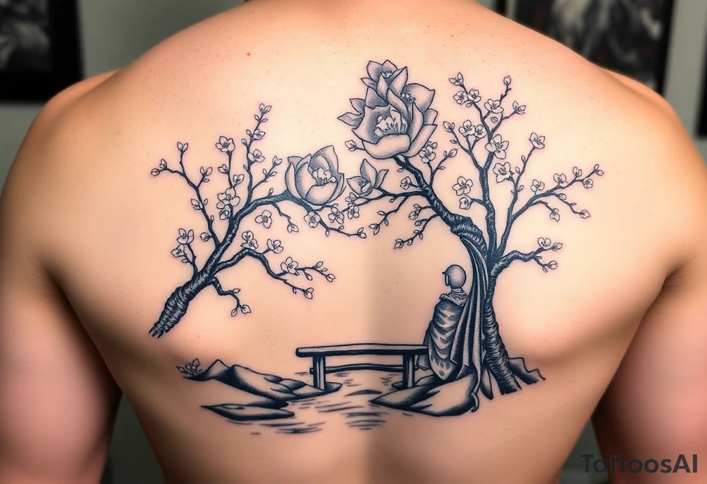 Japanese geisha with cherry blossom tree river and stone bench tattoo idea