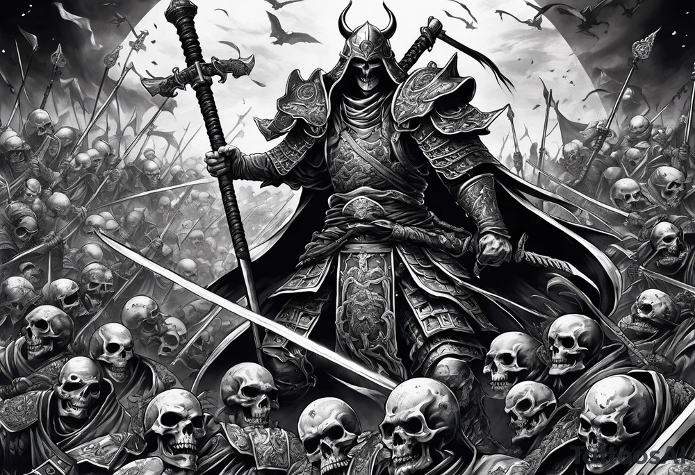 Necromancer lich raising an army of the dead from dead samurai warriors on a battlefield tattoo idea