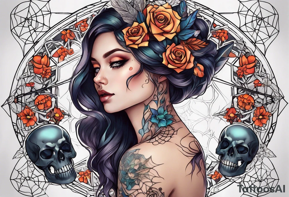 Full sleeve with fairy’s and skulls and spiderwebs tattoo idea