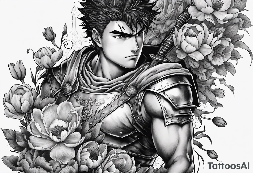 a berserk theme tattoo of guts with his sword on a land of flowers - tulips and peonys tattoo idea