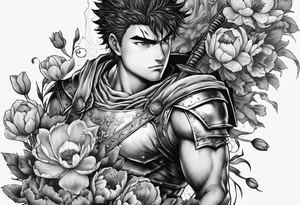 a berserk theme tattoo of guts with his sword on a land of flowers - tulips and peonys tattoo idea
