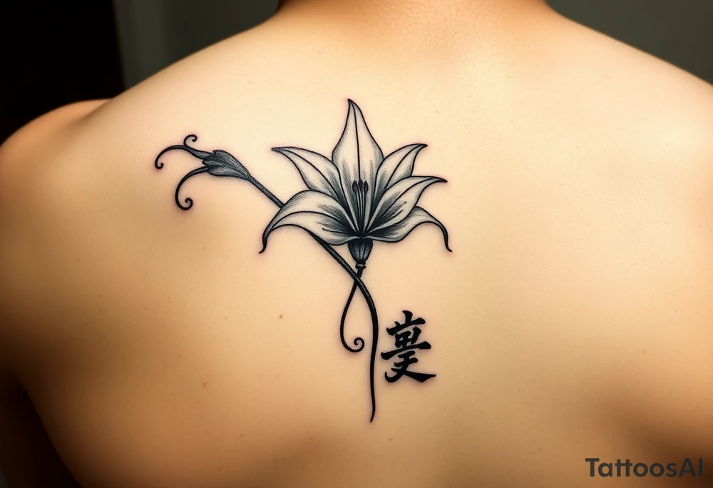 On the shoulder I want 3 spider Lillies that are flown look royal think and long and at the end of the stem I want it to curl up and then at the bottom I want their to be a symbol in Chinese that means love tattoo idea
