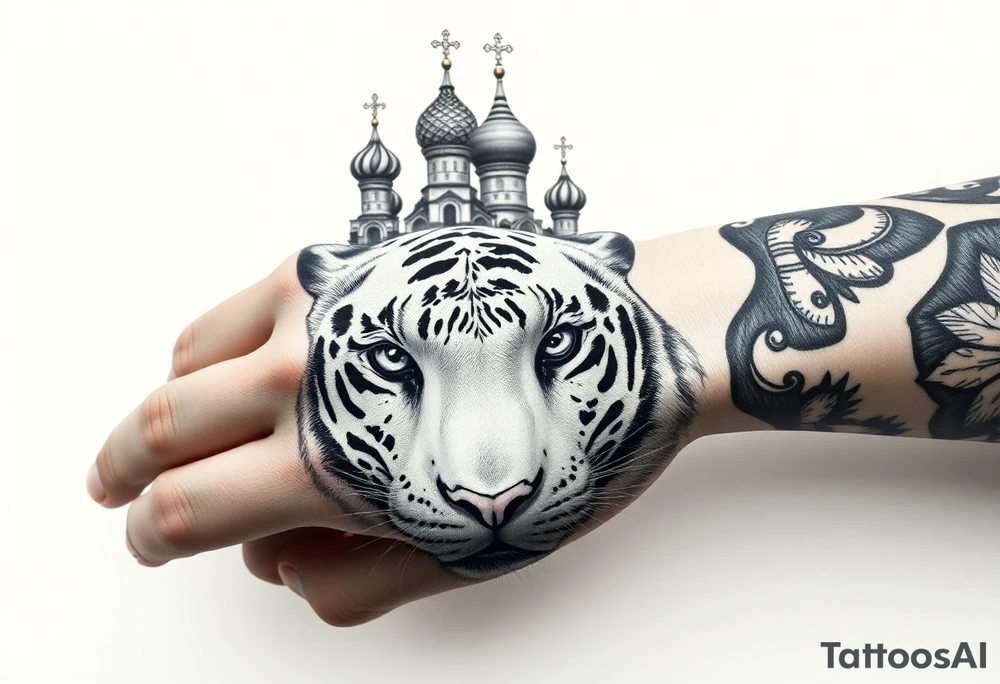 Realistic white tiger face on the back of the hand with strong contrast and fine detail with its eyes completely black. with a highly detailed Russian Orthodox cathedral sitting above on fore arm with onion domes and orthodox crosses, done in fine line, engraving-like style. Cohesive composition, black ink only, no color, high contrast, slightly aged, documentary-style, plain light background. with clouds above and a virgin mary 
spanning from my hand to lower fore arm tattoo idea