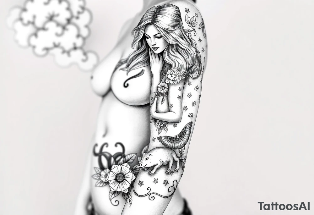 Storm clouds with a fat naked sexy girl and money and cigerettes  and coins and mirror and sexy naked couple having sex with pig and peacock , frog, lamb and lightening lust gluttony envy greed wrath pride  sloth tattoo idea