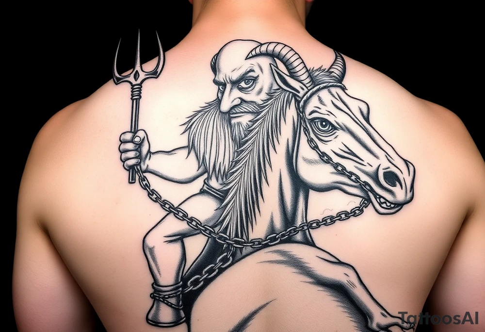 An insanely weird wild crazy man with the biggest eyes I’ve ever seen with a long beard and bald head and goat goats horns riding on the back of a Clydesdale horse holding the devils trident in 1 hand and the other hand holding a chain that’s around the horses neck hanging on as if his life dependent on it the horse having eyes bulging hot of its headsmoke coming out of the nose of the horse showing teeth like a t-rex tattoo idea