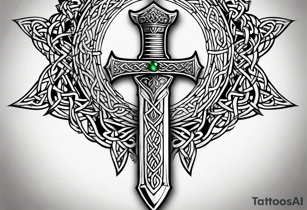 A Celtic dagger with an oak hilt turned upright and emerald gemstones on it tattoo idea