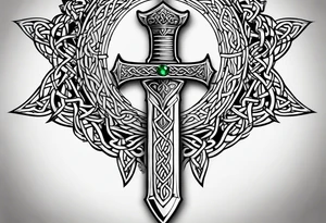 A Celtic dagger with an oak hilt turned upright and emerald gemstones on it tattoo idea