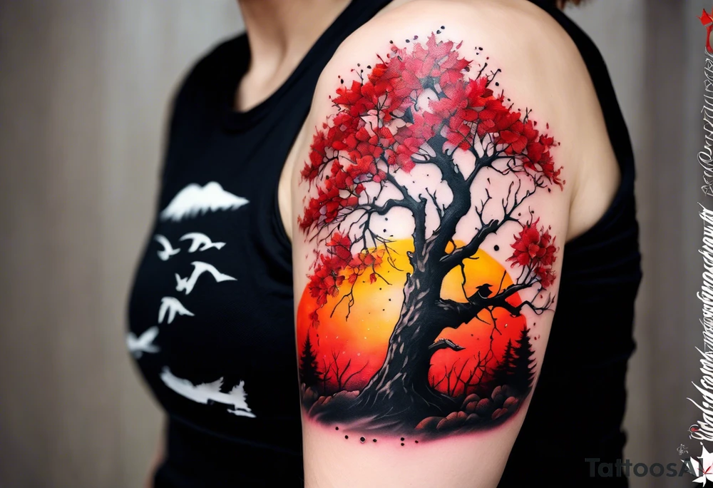 trash polka style. Arm tattoo. Long tattoo. Full sleeve. Shoulder. A single large maple tree with red autumn leaves that branches upwards from wrist to shoulder. White-throated dipper bird on the trees branches. Calluna flowers at the base of the trees stem. Tree stem has dark colors. Red/yellow sunset behind the trees stem. Leaves falling. tattoo idea