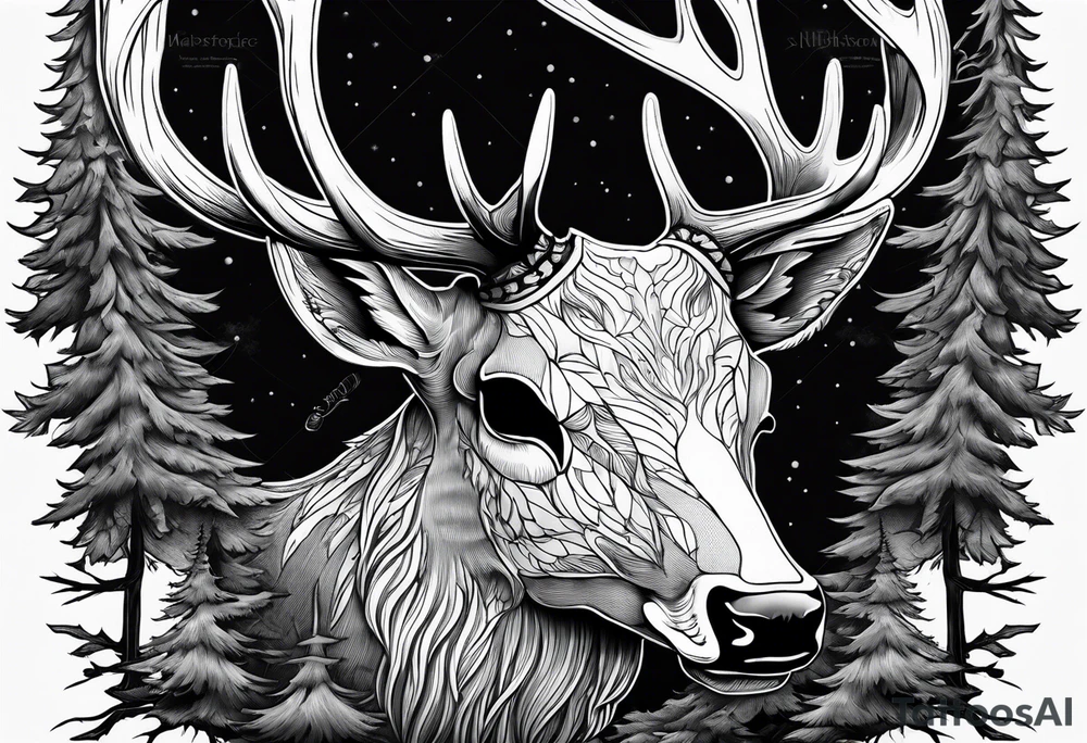 A side view of a dead deer skull surrounded by trees and fire tattoo idea