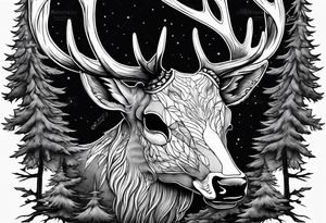 A side view of a dead deer skull surrounded by trees and fire tattoo idea