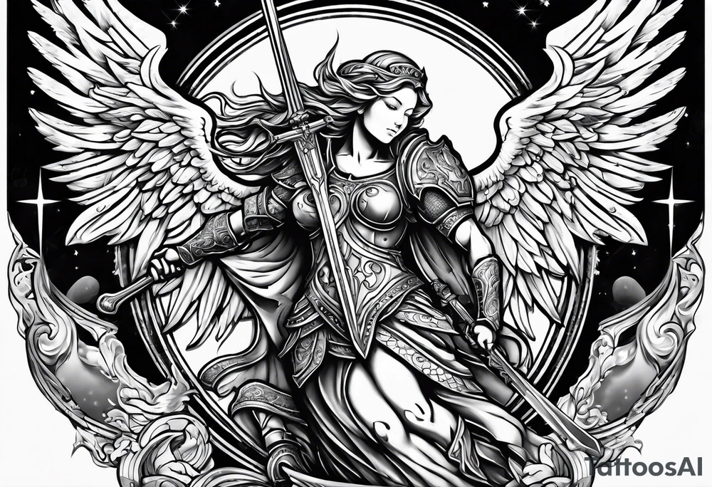 Angels with sword & Shield in sky tattoo idea