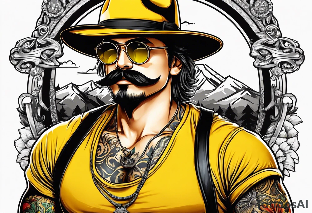 Attractive Male with yellow flat bill hat, mustache, round sunglasses, tools tattoo idea