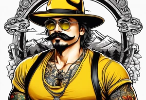 Attractive Male with yellow flat bill hat, mustache, round sunglasses, tools tattoo idea