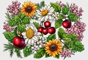Hops, Rosemary, Thyme, Sage, Juniper, Corn, Wheat, Rose, Sunflower, Cherry blossom, Apple blossom, Honeycomb, Maple leaves, Violet/primrose, Carrot, Cherry tattoo idea