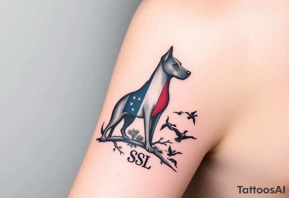 Small forearm Hunting tattoo featuring an upland dog silhouette, Italian and American flag, SSL initials, with some ducks in sky tattoo idea