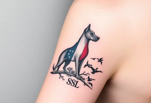 Small forearm Hunting tattoo featuring an upland dog silhouette, Italian and American flag, SSL initials, with some ducks in sky tattoo idea