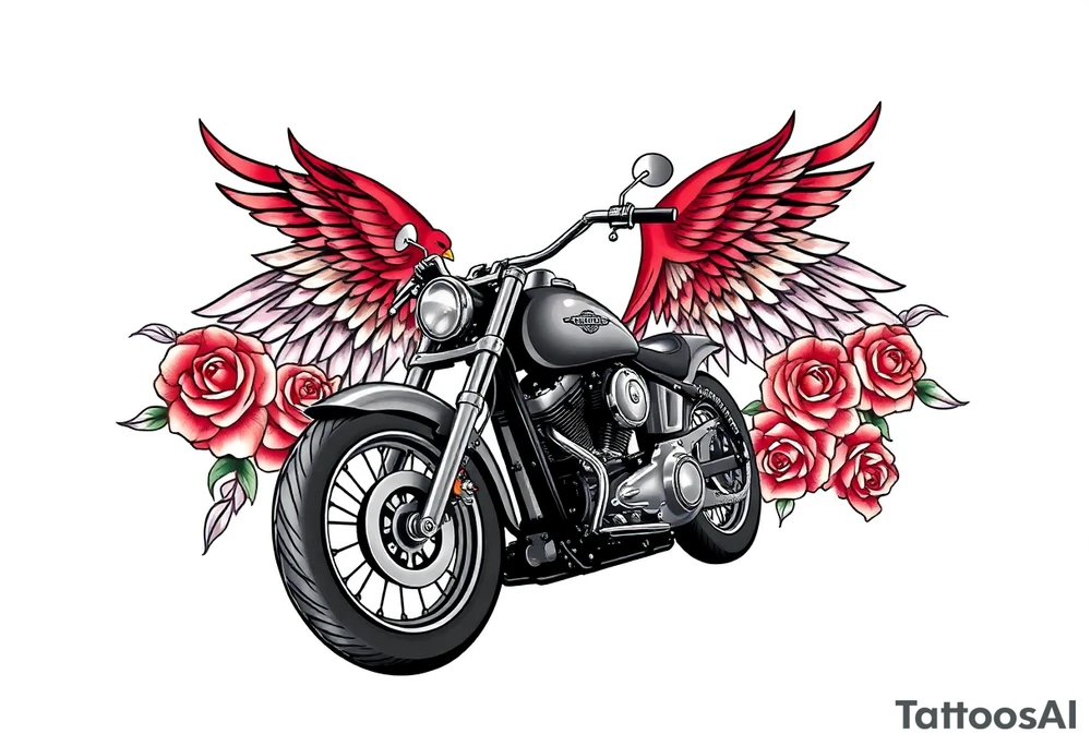 Harley grey motorcycle driving away, two red birds flying, roses, flames, angel wings tattoo idea
