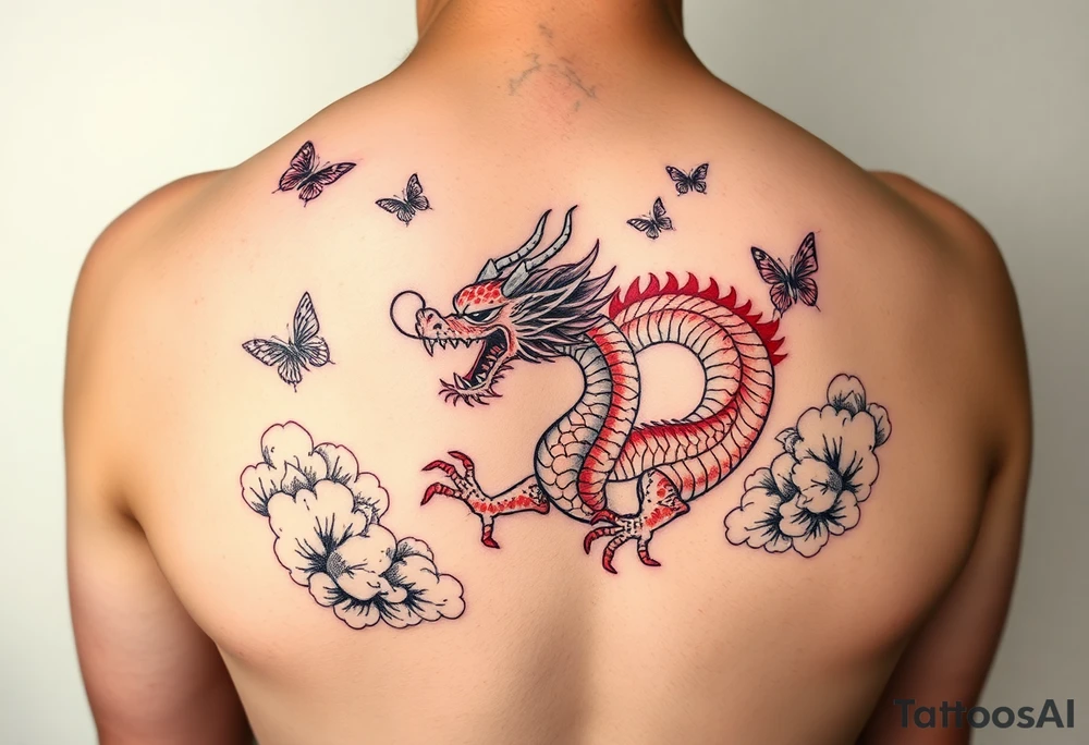 Red Chinese dragon thigh tattoo surrounded by clouds and butterflies tattoo idea
