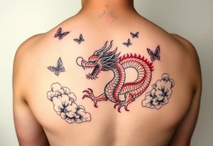 Red Chinese dragon thigh tattoo surrounded by clouds and butterflies tattoo idea
