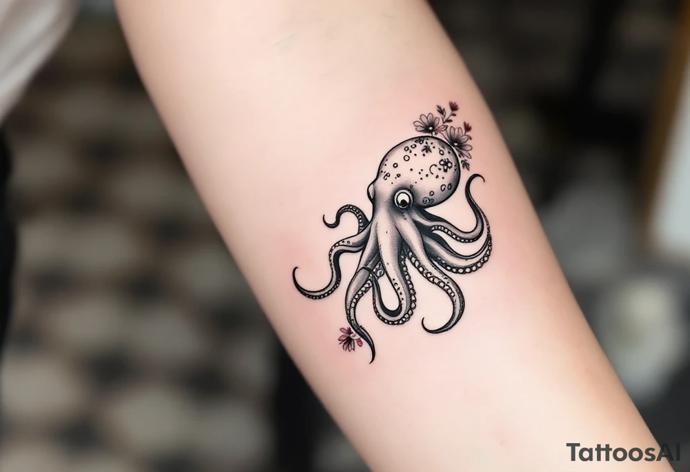 A small realistic black and grey tattoo of an octopus, cute, with detailed shading and soft linework, showing the octopus with swirling tentacles, on light skin. ornamental flowers around with red ink. The style is minimalistic and elegant, resembling fine-line tattoo with a shadow tattoo idea
