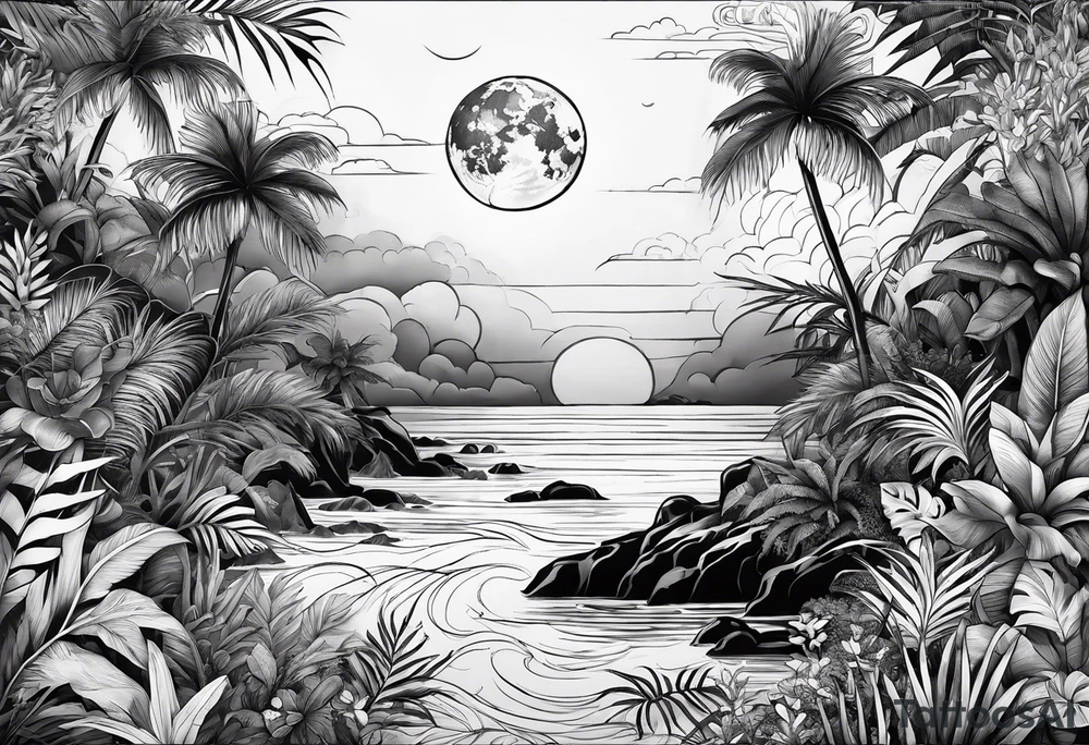 full sleeve tattoo with jungle plants, ocean, moon, stars, tattoo idea