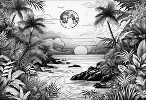 full sleeve tattoo with jungle plants, ocean, moon, stars, tattoo idea