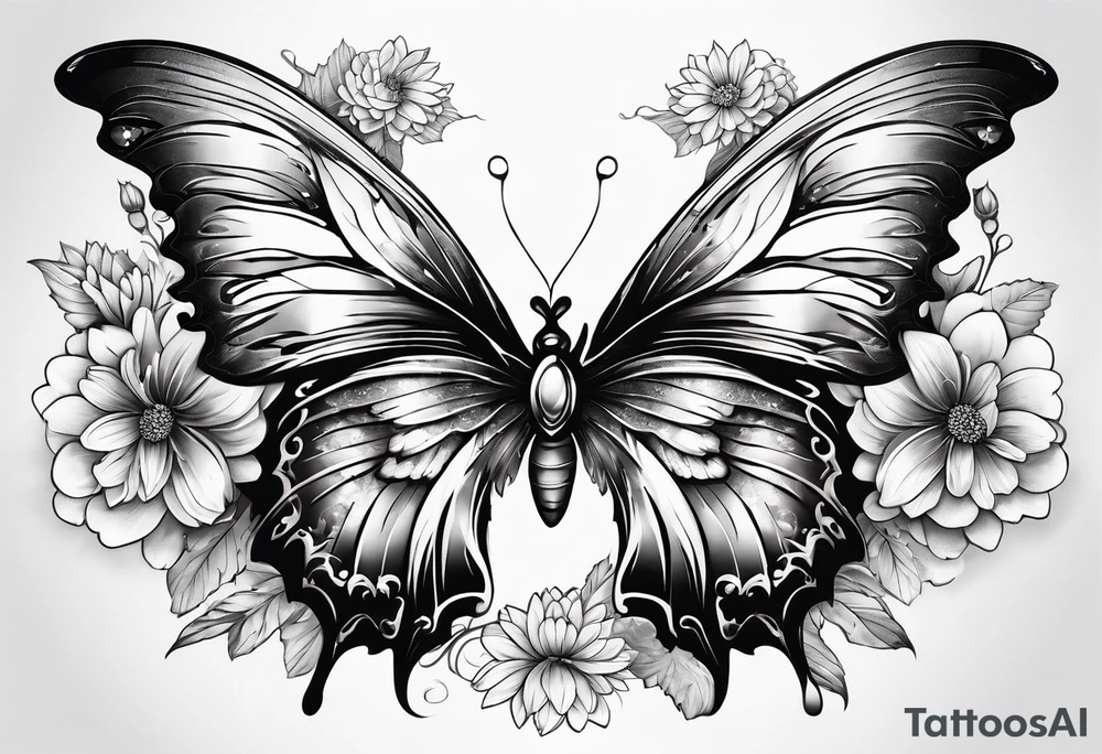 Half butterfly half angel wings with chrysanthemum flower tattoo idea