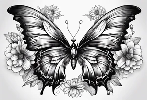 Half butterfly half angel wings with chrysanthemum flower tattoo idea