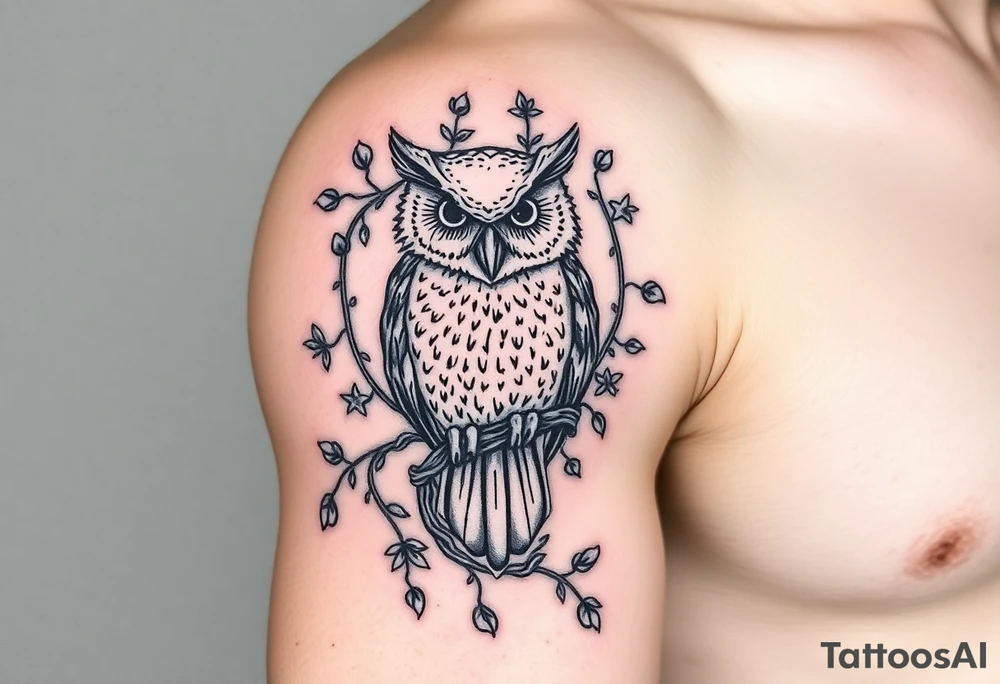 Vine wrapped around owl to where you can barely see the owl 333 in vine tattoo idea