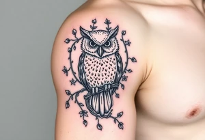 Vine wrapped around owl to where you can barely see the owl 333 in vine tattoo idea