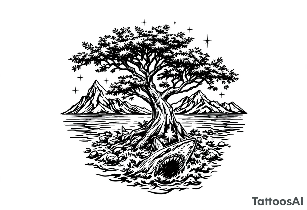 tattoo that has an acacia tree with mountains, ocean with a ship wreck with sharks and the northern star tattoo idea