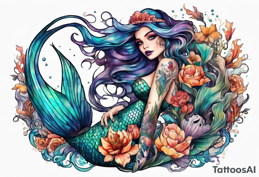 mermaid with skeleton tattoo idea