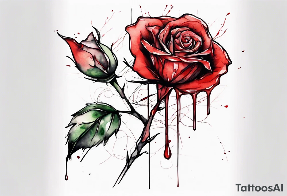 rose flower, one line, red blood dripping from the flower, tall, watercolor, with a cross in the stem tattoo idea