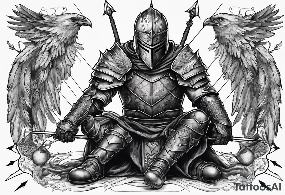 Dead knight on his knees with five arrows in his back tattoo idea